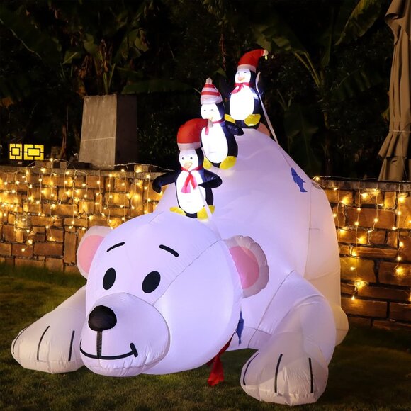 🆕7.7(L) x 6 FT(H) Inflatable Lighted Polar Bear with Three Penguin Decoration - Picture 6 of 11